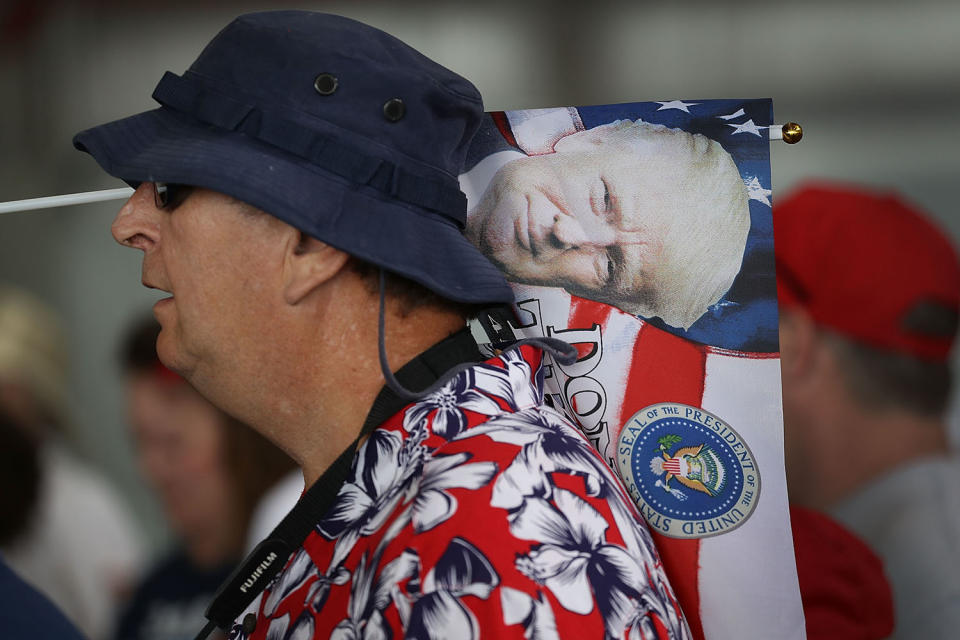 <p>Herb Planchock waits for the arrival of President Donald Trump for a campaign rally at the AeroMod International hangar at Orlando Melbourne International Airport on February 18, 2017 in Melbourne, Florida. (Joe Raedle/Getty Images) </p>