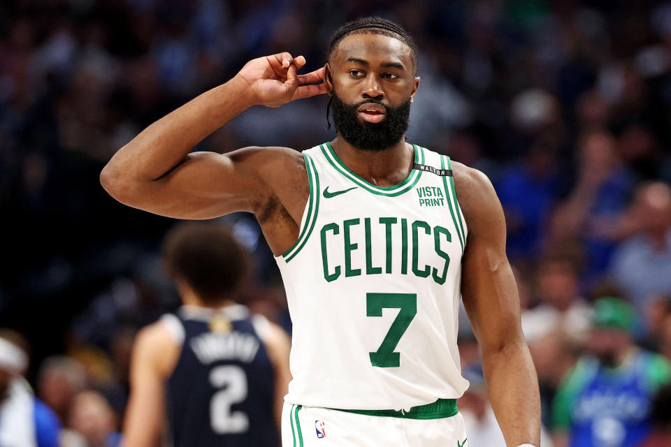June 12, 2024;  Dallas, Texas, USA;  Boston Celtics guard Jaylen Brown (7) reacts to the crowd during the fourth quarter during game three of the 2024 NBA Finals against the Dallas Mavericks at the American Airlines Center.  Mandatory credit: Kevin Jairaj-USA TODAY Sports