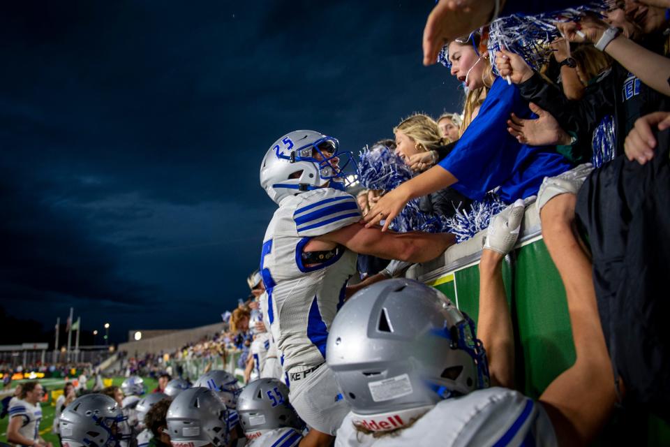 Poudre High School's Saje Camirand celebrates his teams 34-7 win over Rocky Mountain High School at Canvas Stadium in Fort Collins, Colo. on Friday, Sept. 30. 2022.