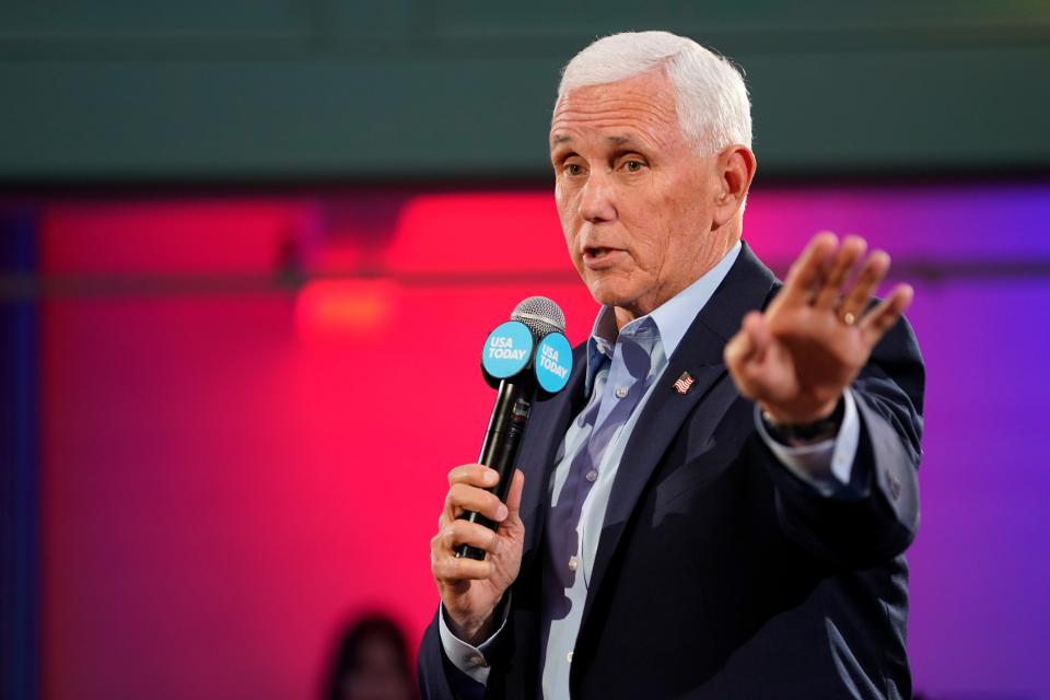 Republican presidential candidate Mike Pence speaks during the Seacoast Media Group and USA TODAY Network 2024 Republican Presidential Candidate Town Hall Forum held in the historic Exeter Town Hall in Exeter, New Hampshire.