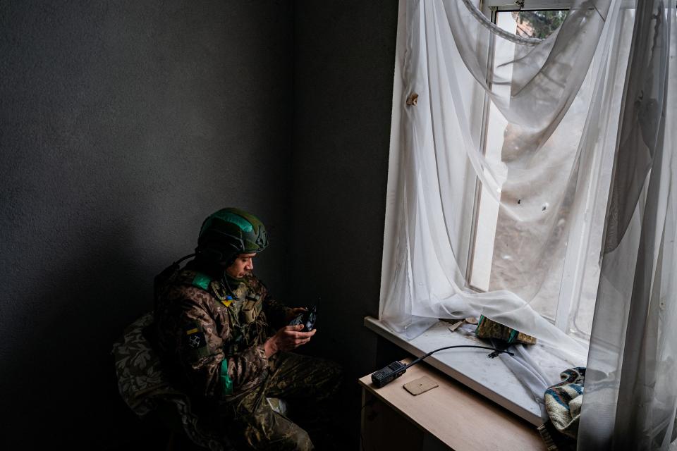 A Ukrainian serviceman operates a drone as the sounds of shelling continue in Bakhmut on February 27, 2023, amid Russia's military invasion on Ukraine.