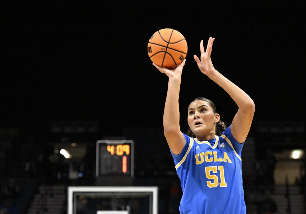 UCLA center Lauren Betts takes a shoot against USC during the Pac-12 tournament on March 8 in Las Vegas.