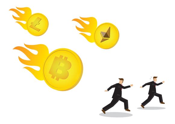 Two cartoonish businessmen running away from several incoming meteors, each showing the emblem of a popular cryptocurrency while crashing down in flames.