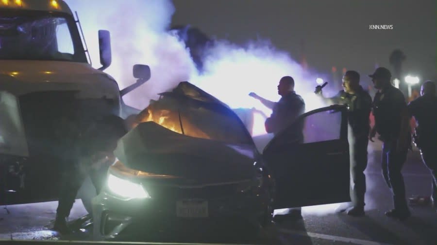 At least four people were transported to trauma centers after a fiery crash in Long Beach on May 13, 2024, authorities said. (KNN)