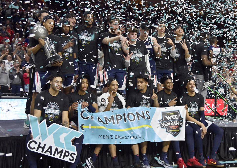 Gonzaga celebrates after the team defeated Saint Mary's in an NCAA college basketball game in the finals of the West Coast Conference men's tournament Tuesday, March 7, 2023, in Las Vegas. (AP Photo/David Becker)