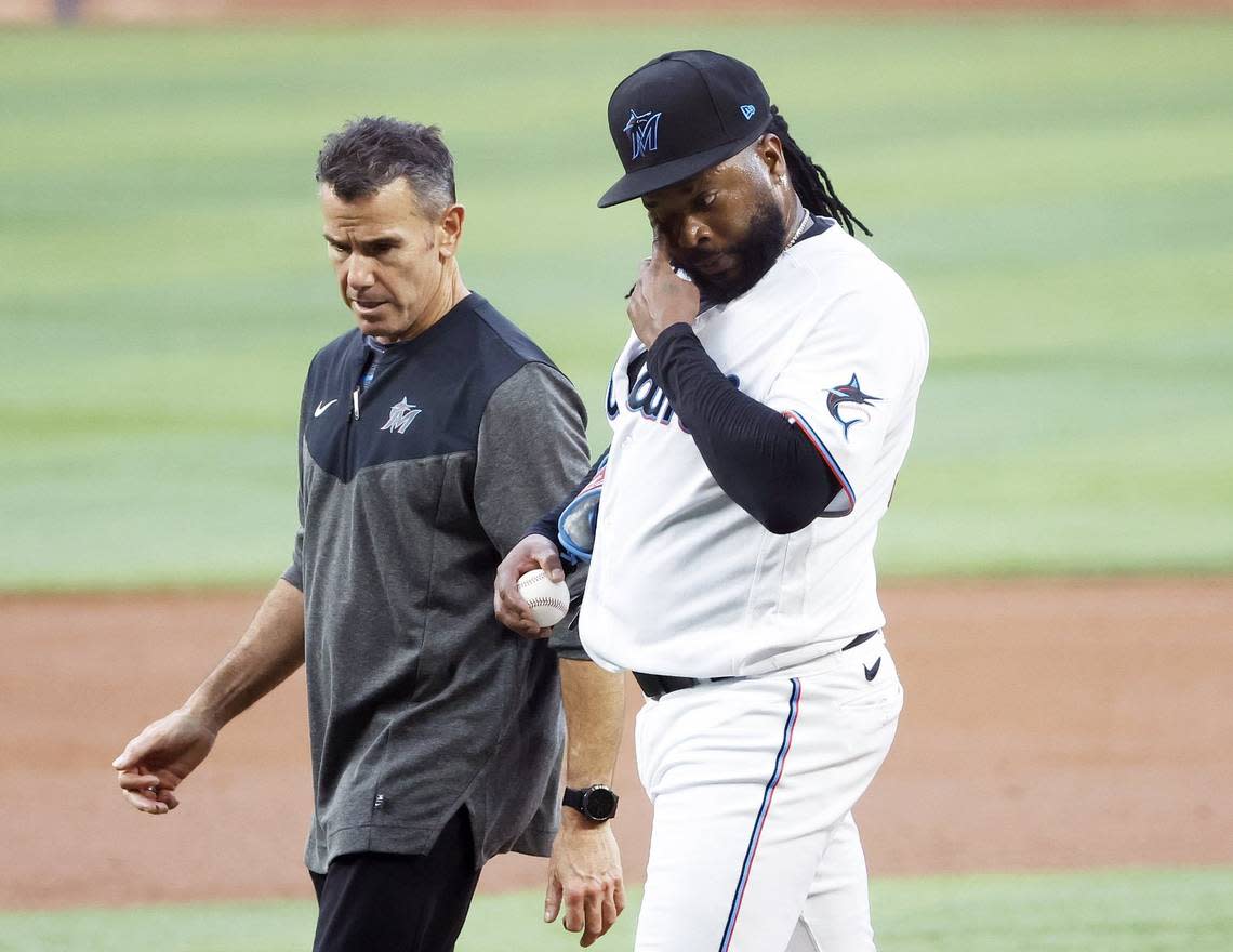 Apr 3, 2023; Miami, Florida, USA; Miami Marlins starting pitcher Johnny Cueto (47) is removed from the game against the Minnesota Twins during the second inning at loanDepot Park. Mandatory Credit: Rhona Wise-USA TODAY Sports