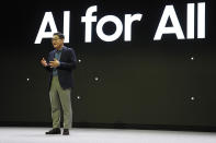 JH Han, CEO and Head of the Device Experience Division at Samsung Electronics, speaks during a Samsung press conference ahead of the CES tech show Monday, Jan. 8, 2024, in Las Vegas. (AP Photo/John Locher)