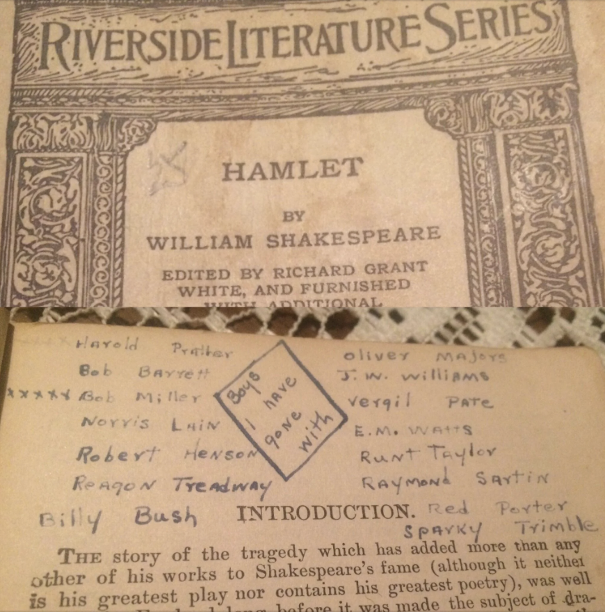 Cover of "Hamlet" from the Riverside Literature Series by William Shakespeare, with names written on the inside cover in various handwriting styles