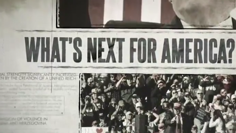 A till from the video including headline "What's next for America" and the phrase "Unified Reich" in smaller print