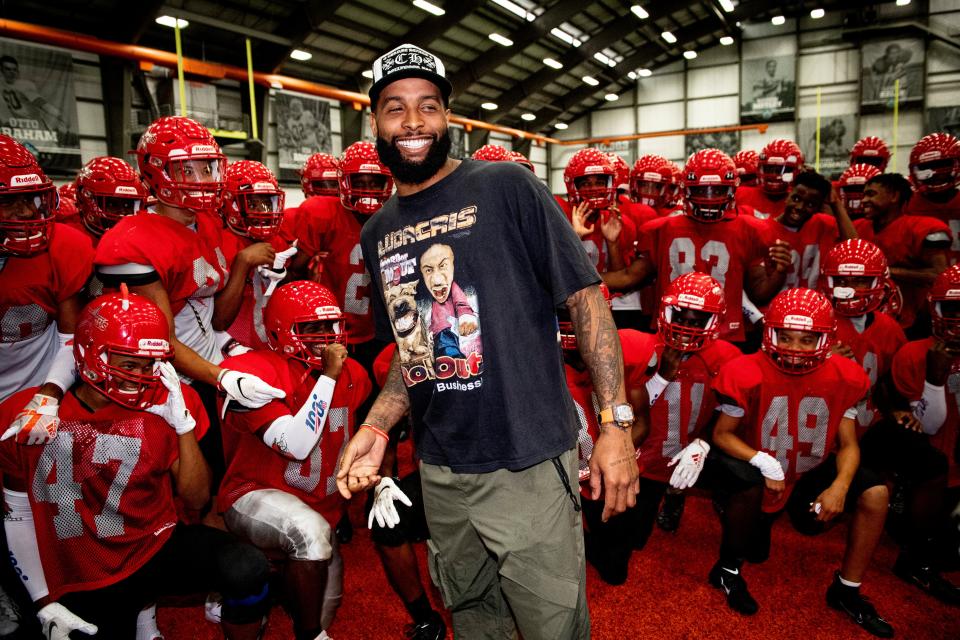 All smiles: Odell Beckham Jr. surprised the Chaney High football team when it visited the Browns' facility on Tuesday. (Browns/Twitter)