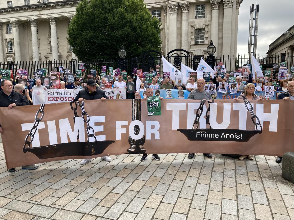 The Time For Truth campaign demonstration outside the courts in Belfast (Rebecca Black/PA)