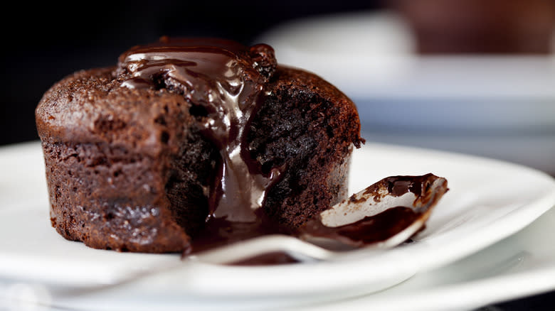 Chocolate souffle on white plate