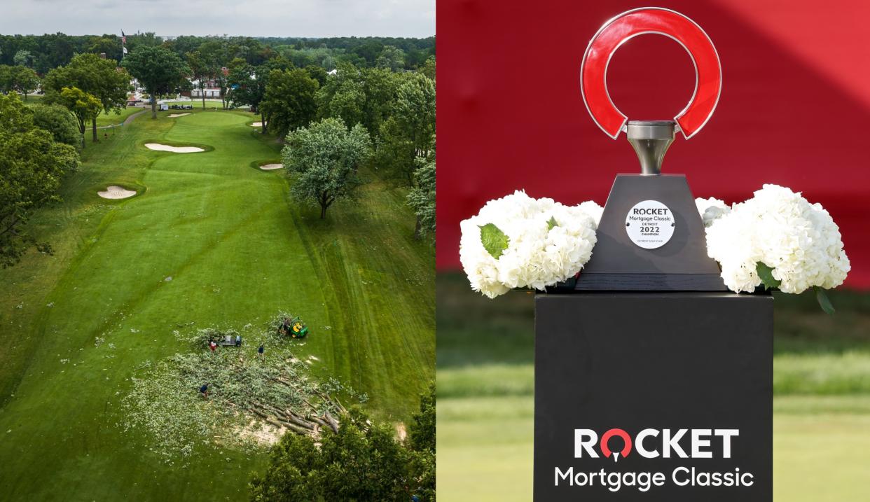  A picture of the Rocket Mortgage Classic trophy and the damage of some storms 