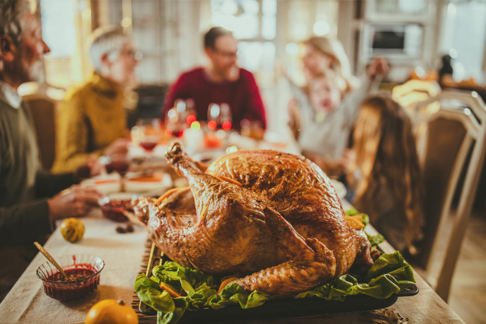 Close up of Thanksgiving turkey on dining table.