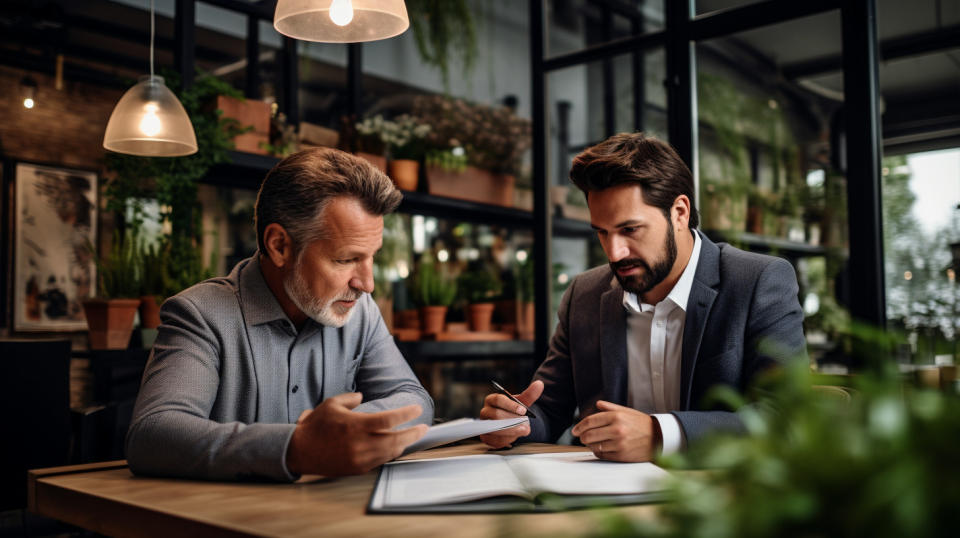 A Professional insurance broker discussing coverage plans with a small business owner.