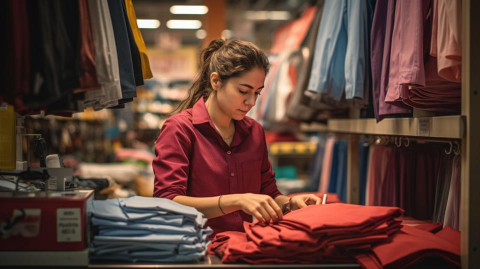 A frontline retail worker organizing apparel products in a store.