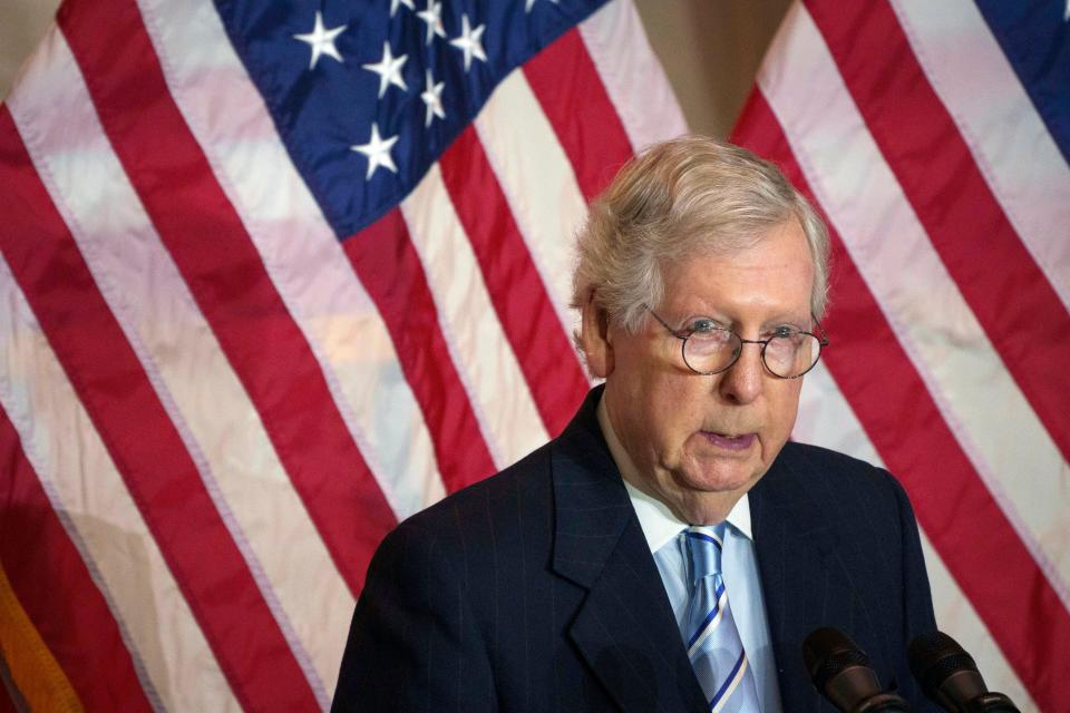 Senate Republican Leader Mitch McConnell speaks after leaders of the House and Senate awarded the Congressional Gold Medal to Capitol Police and other first responders who defended the Capitol against the Jan. 6, 2021 insurrection.