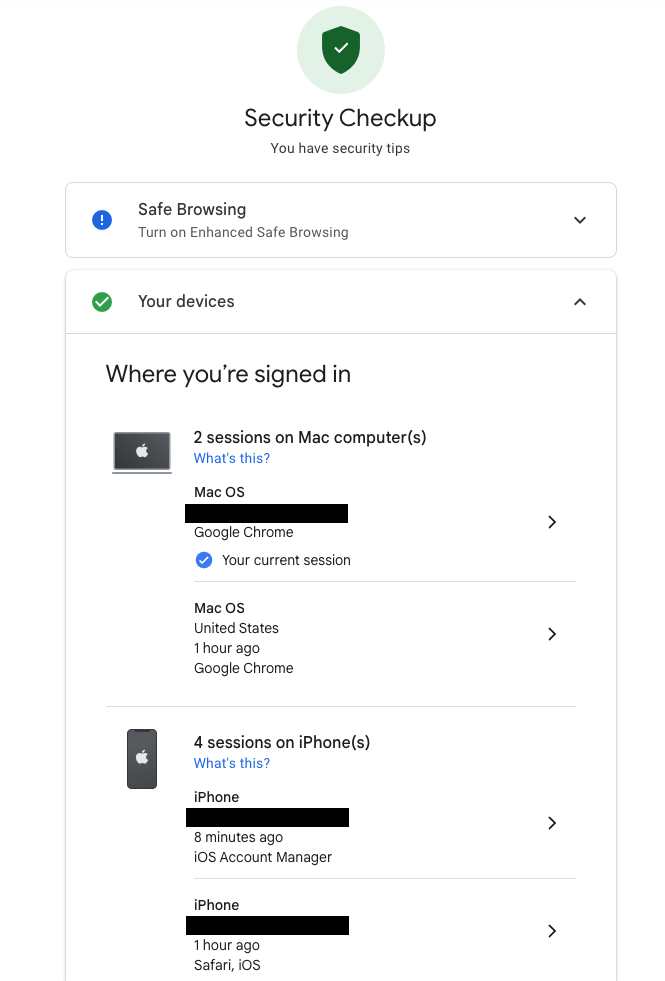 Google's Security Checkup Page, including a view that shows "where you're signed in."