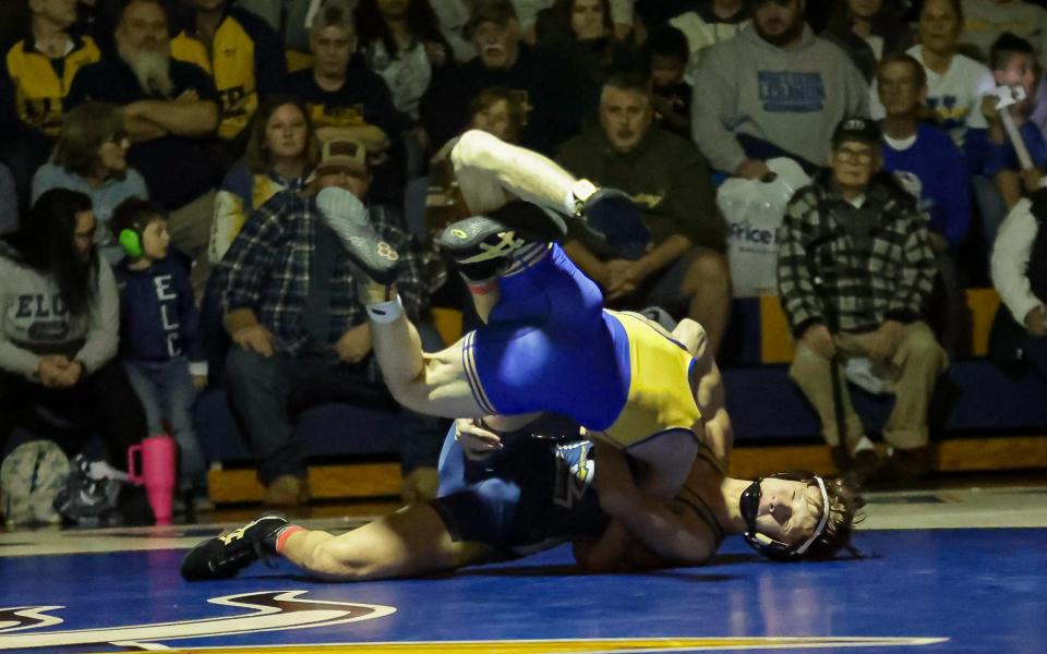 Ashton Kriss (E) flips Wayne Geppert (NL) onto his back and gets the fall for the Raiders in the 114 lb. match. The ELCO Raiders visited the Northern Lebanon Vikings in a key LL League Section 3 Wrestling match on Wednesday January 24, 2024. The Vikings defeated the Raiders 42-34 to claim the Section 3 Title.