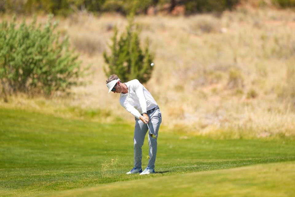 Jeremy Wells hits his shot on the 14th hole during the final round of the 55th PGA Professional Championship at Twin Warriors Golf Club on Wednesday, May 3, 2023 in Santa Ana Pueblo, New Mexico.