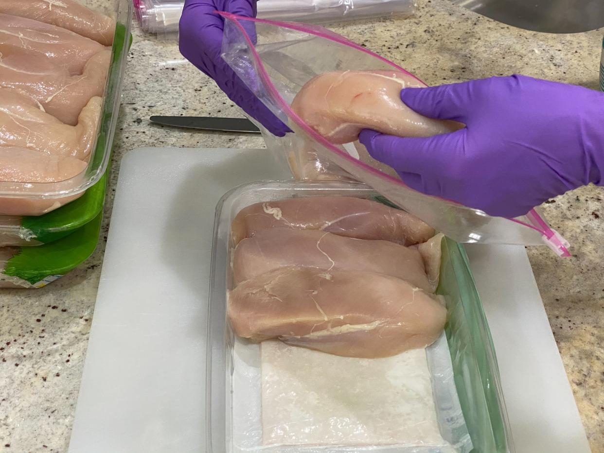 Large portions of chicken breasts divided into meal sized portions and put into freezer bags to be frozen. Preparing for pandemic, hurricanes and other natural disasters.