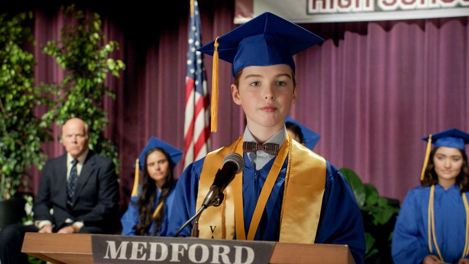"Graduation" - Pictured: Sheldon (Iain Armitage). After graduating high school, Sheldon has a breakdown when he realizes he may not be ready for college. Also, Dale tries to make amends with Meemaw, on the fourth season premiere of YOUNG SHELDON, Thursday, Nov. 5 (8:00-8:31 PM, ET/PT) on the CBS Television Network. Photo: Screen Grabs/2020 Warner Bros. Entertainment Inc. All Rights Reserved.