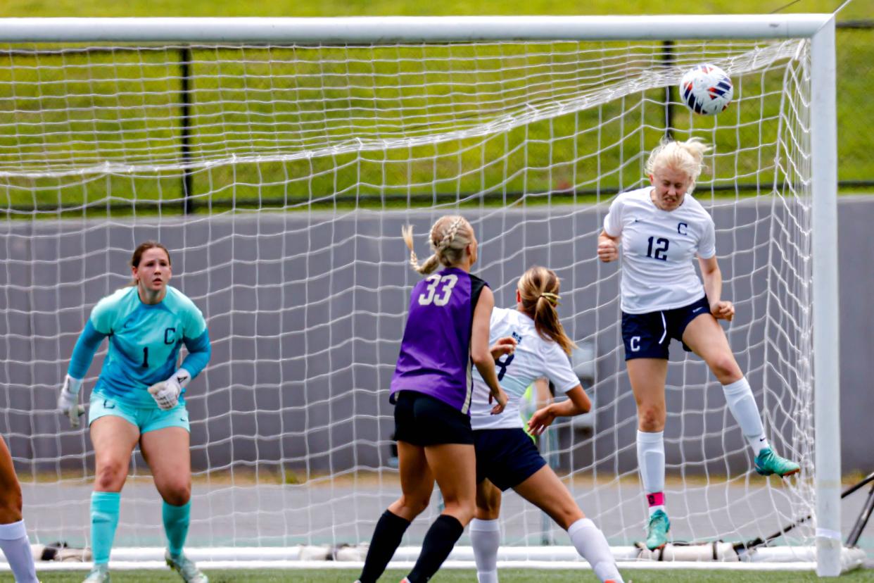 Casady’s Molly Shepherd (12) heads the ball out of the goal during the Class 3A girls state championship soccer game between Community Christian and Casady in Oklahoma City, on Saturday, May 11, 2024.