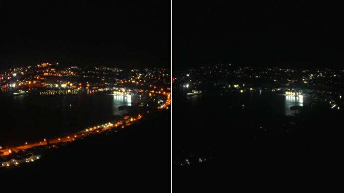 Simon's Town at night with the lights on (L) and during a power outage (R)