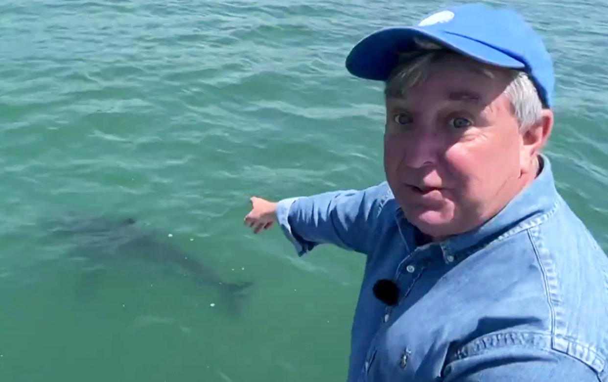 Kerry Sanders points out a shark during an assignment. (TODAY)