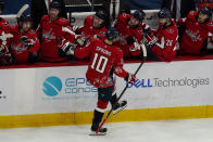 Washington Capitals right wing Daniel Sprong (10) celebrates his goal during the first period of an NHL hockey game against the Philadelphia Flyers, Friday, May 7, 2021, in Washington. (AP Photo/Alex Brandon)