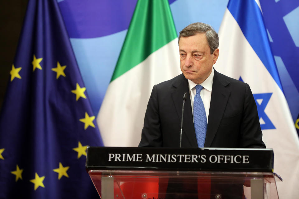 Italian Prime Minister Mario Draghi and Israeli Prime Minister Naftali Bennett make press statements at the prime minster's office in Jerusalem, Israel, Tuesday, June 14, 2022. Draghi is on two-day official visit to Israel and the Palestinian authority. (Abir Sultan/Pool via AP)