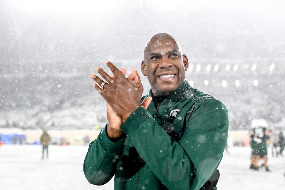 Head coach Mel Tucker of the Michigan State Spartans celebrates his teamâ€™s win against the Penn State Nittany Lions at Spartan Stadium on November 27, 2021 in East Lansing, Michigan.