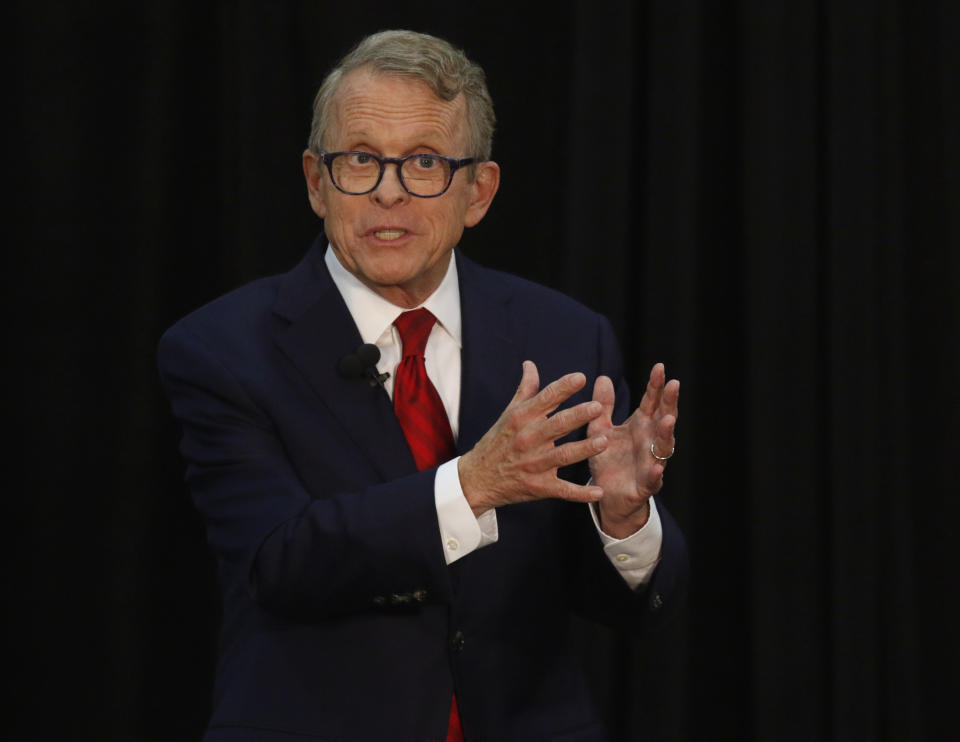 Ohio Attorney General and Republican gubernatorial candidate Mike DeWine speaks during a debate with Democratic gubernatorial candidate Richard Cordray at Marietta College in Marietta, Ohio, Monday, Oct. 1, 2018. (AP Photo/Paul Vernon, Pool)