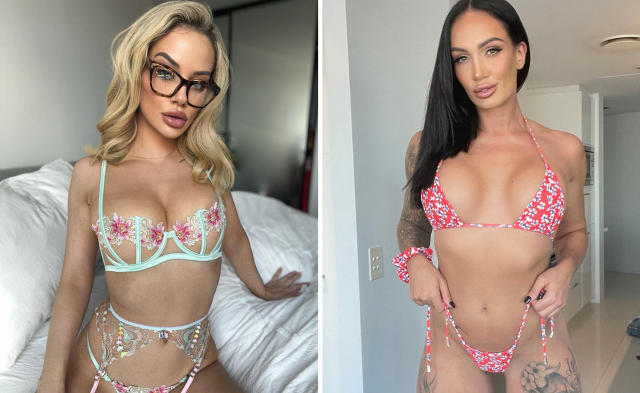 L: MAFS star Jessika Power wearing a floral sheer lingerie set. R: MAFS star Hayley Vernon wearing a red floral string bikini