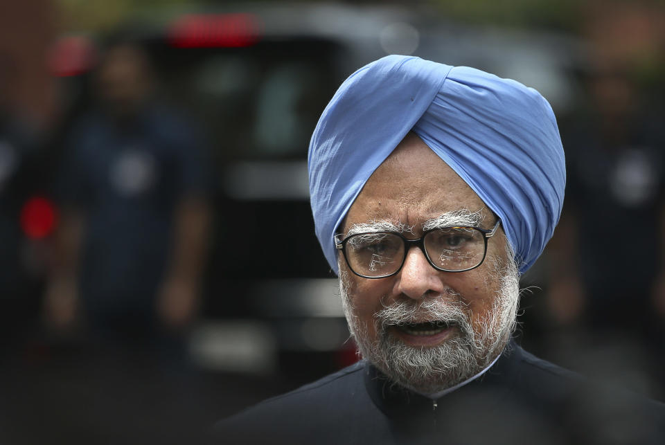 Indian Prime Minister Manmohan Singh makes a statement to the media after he was shouted down by opposition politicians in the lower house of Parliament, in New Delhi, India, Monday, Aug. 27, 2012. Singh took to Twitter on Monday to defend himself against a coal scandal roiling the country, saying accusations his government lost the country huge amounts of money were baseless. India's Parliament has been all but paralyzed since the national auditor released a report two weeks ago saying the sale of coal blocks without competitive bidding was expected to net private companies windfall profits of up to $34 billion. (AP Photo/Manish Swarup)