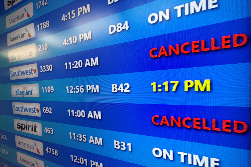 The flight board shows cancelled Southwest Airlines flights at Pittsburgh International Airport in Pittsburgh, Pennsylvania, U.S., December 29, 2022.   REUTERS/Brian Snyder