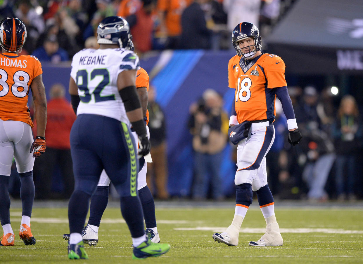 Denver Broncos quarterback Peyton Manning looks concerned—for good reason—during Super Bowl XLVIII, on Feb. 2, 2014.<span class="copyright">John Leyba—The Denver Post/Getty Images</span>