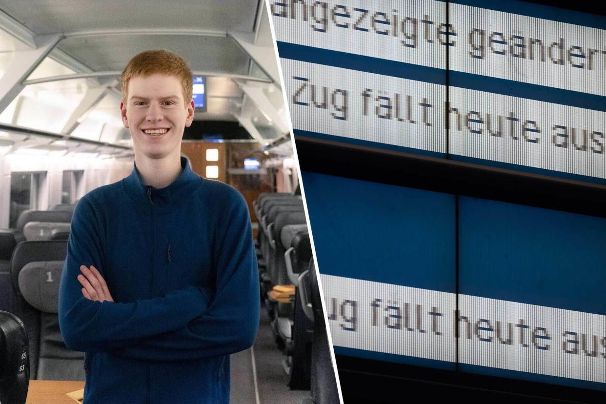 Zugausfälle, kaputte Steckdosen und eine schlechte Kommunikation an die Fahrgäste: Lasse Stolley lebt in den Zügen der DB und weiß, was im Betrieb schiefläuft. - Copyright: Lisa-Sophie Kempke für Business Insider (l.); picture alliance/dpa | Marijan Murat (r.)