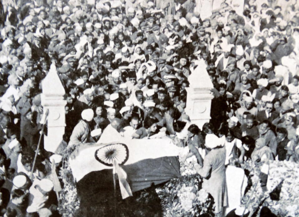 Funeral of Mohandas Karamchand Gandhi after he was assassinated in the garden of Birla House, on 30 January 1948. Gandhi (1869  1948), was the preeminent leader of the Indian independence movement in British-ruled India. Employing nonviolent civil disobedience, Gandhi led India to independence and inspired movements for civil rights and freedom across the world. (Photo by: Universal History Archive/Universal Images Group via Getty Images)