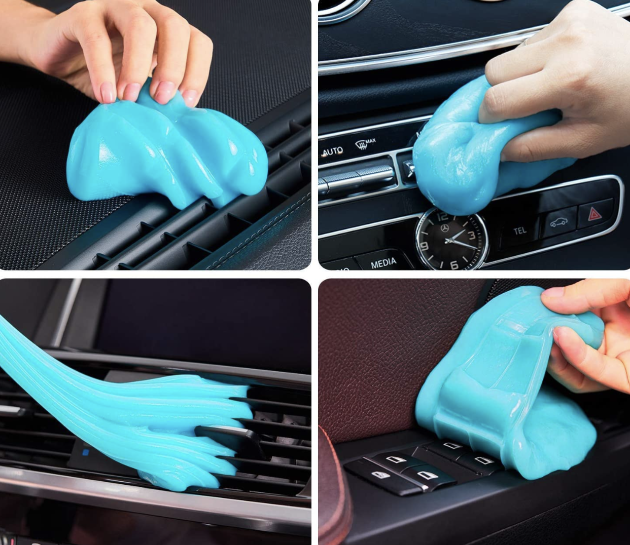 Person using the Pulidiki cleaning putty on various surfaces in their car.