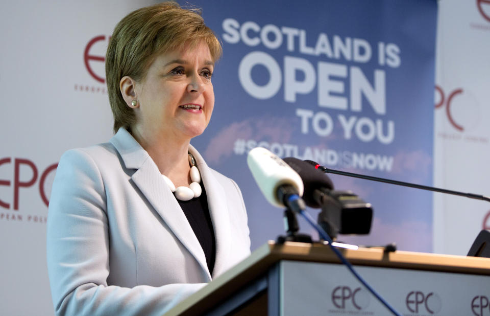 Scotland's First Minister Nicola Sturgeon speaks during an event in Brussels Tuesday, June 11, 2019. Scottish First Minister Nicola Sturgeon is in Brussels Tuesday to meet with European Union chief Brexit negotiator Michel Barnier and European Commission President Jean-Claude Juncker. (AP Photo/Virginia Mayo)