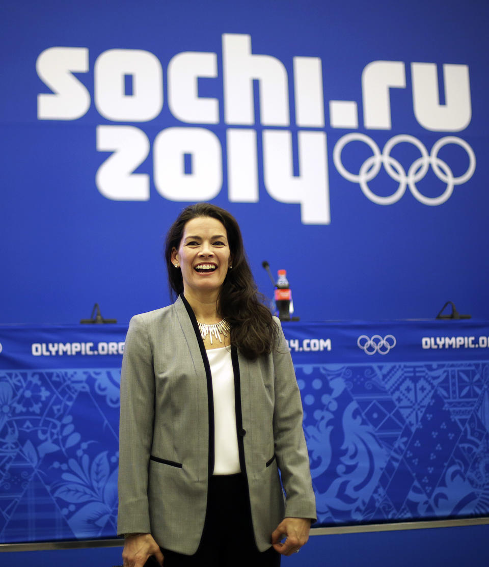 Former Olympic figure skater Nancy Kerrigan speaks after a screening of a new documentary about the 1994 attack on her which will air the day of the 2014 Winter Olympics closing ceremony, Friday, Feb. 21, 2014, in Sochi, Russia. Kerrigan has been reluctant to talk about rival Tonya Harding’s ex-husband hiring a hit squad to take her out before the 1994 Olympics in Lillehammer. She finally relented for a show that marks the 20-year anniversary of the incident, which thrust figure skating into the spotlight and spawned an international media frenzy. (AP Photo/David Goldman)