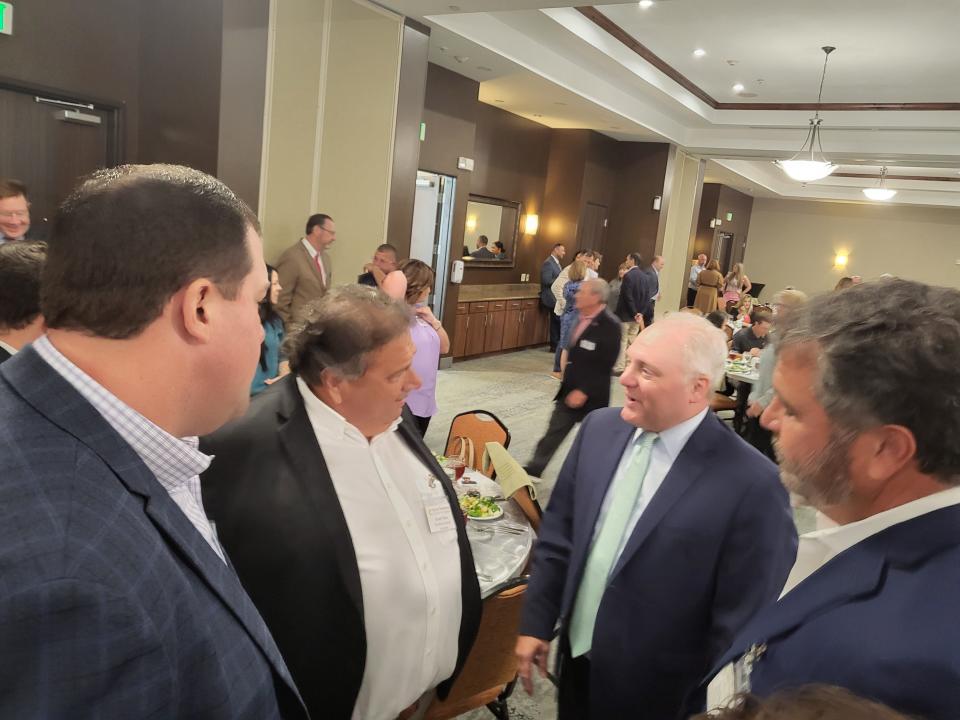 U.S. Rep. Steve Scalise, R-Metairie, second from right, talks Monday, June 6, 2022, with, from left, Lafourche Parish President Archie Chaisson, Terrebonne Parish President Gordy Dove and Terrebonne Levee Board President Tony Alford. Scalise spoke to local business groups in Houma.