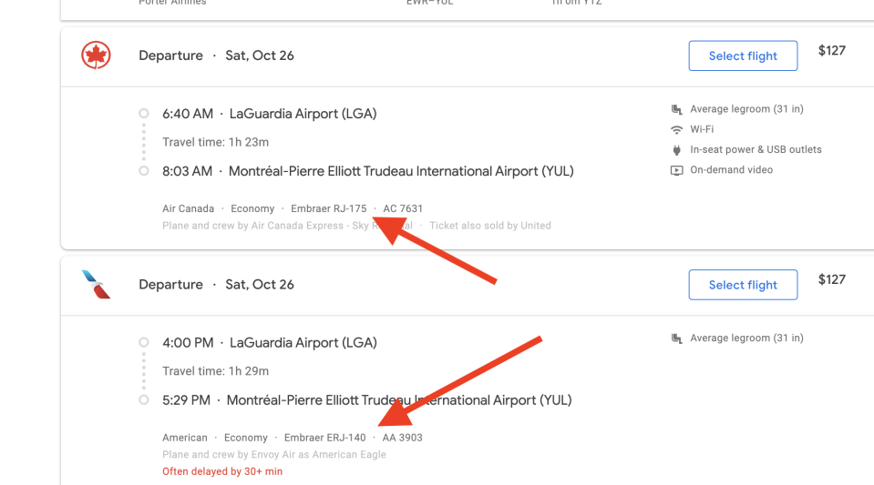 Google Flights typically shows the plane next to the flight number. (Screenshot via Yahoo Finance)