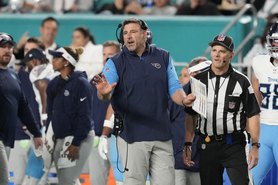 Tennessee Titans head coach Mike Vrabel gestures during the first half of an NFL football game against the Miami Dolphins, Monday, Dec. 11, 2023, in Miami. (AP Photo/Rebecca Blackwell)