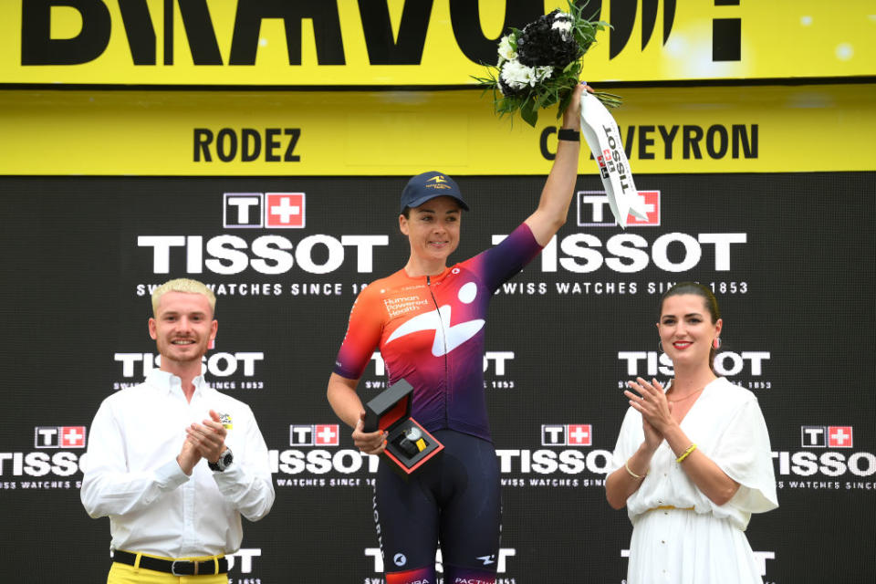 RODEZ FRANCE  JULY 26 Audrey CordonRagot of France and Team Human Powered Health celebrates at podium as special Tissot sprint prize winner competes during the 2nd Tour de France Femmes 2023 Stage 4 a 1771km stage from Cahors to Rodez 572m  UCIWWT  on July 26 2023 in Rodez France Photo by Alex BroadwayGetty Images