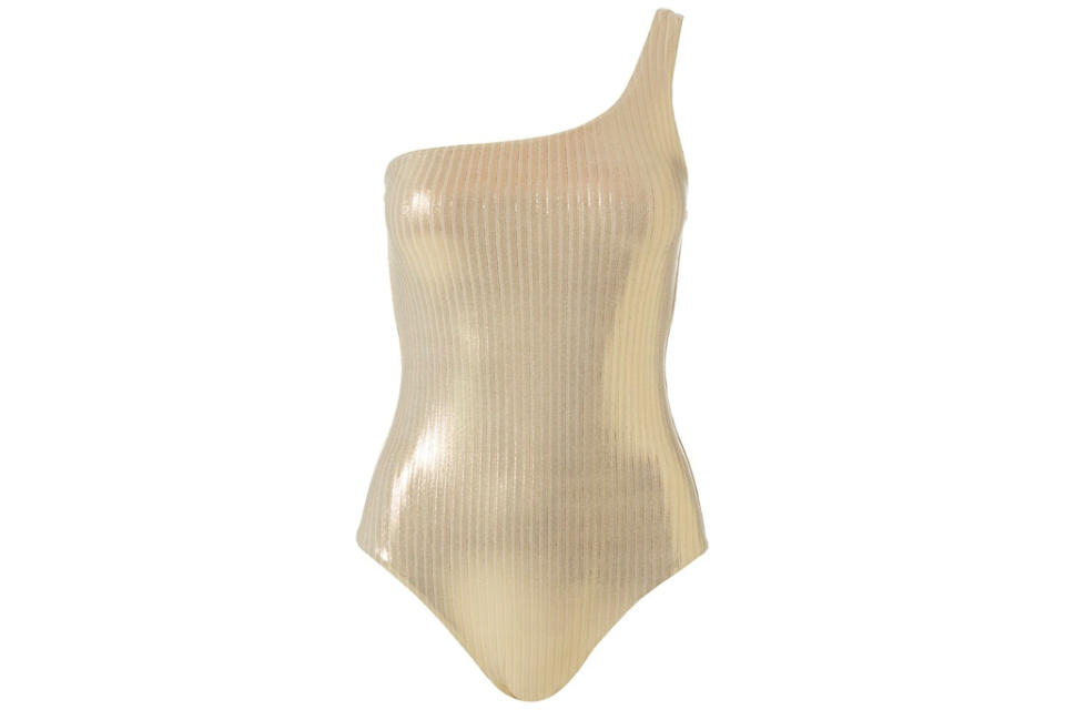 one shoulder, bathing suit, metallic