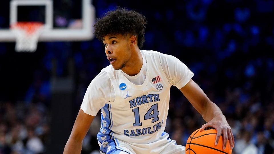 North Carolina's Puff Johnson plays during a college basketball game against St. Peter's in the Elite 8 round of the NCAA tournament, Sunday, March 27, 2022, in Philadelphia.