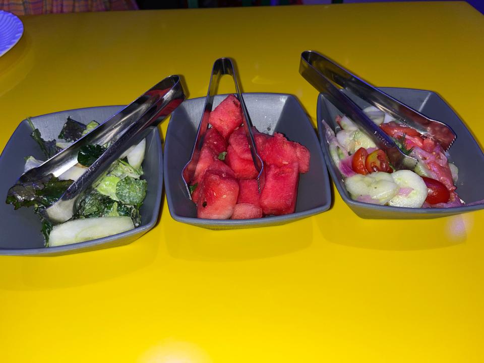 three different salads served at roundup rodeo bbq at hollywood studios