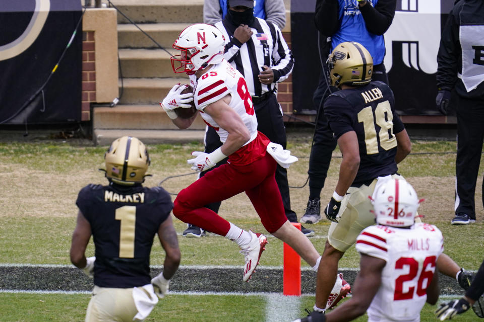 Nebraska wide receiver Wyatt Liewer (85) runs in for a touchdown against Purdue during the second quarter of an NCAA college football game in West Lafayette, Ind., Saturday, Dec. 5, 2020. (AP Photo/Michael Conroy)
